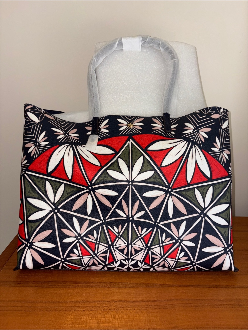 Tory Burch Black, Red & Olive Floral Geometric Tote